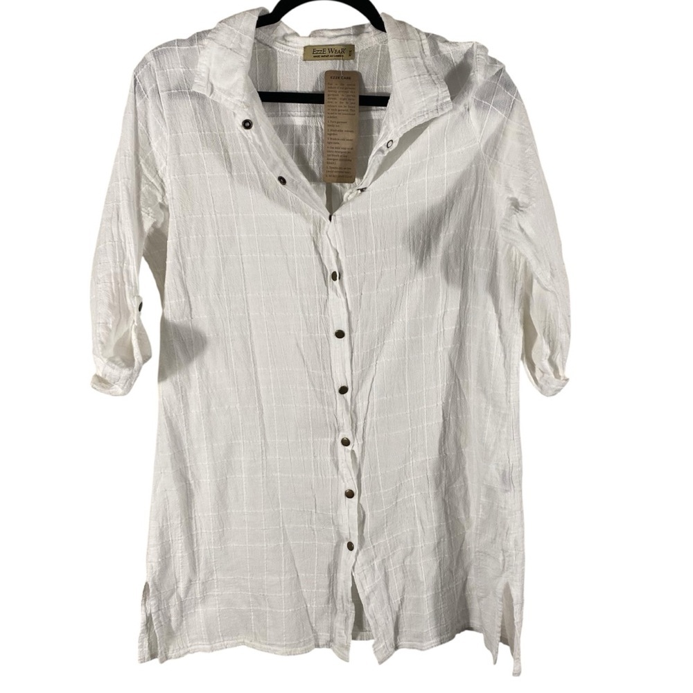 Ezze Ware tunic Length Snap front Cotton Blouse White Windowpane Shirt Sz M NWT